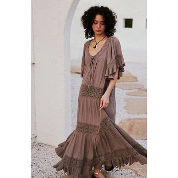Free People Broen Dream On Maxi Dress Oversized Bohemian Embroidered Lace Medium - Picture 1 of 13